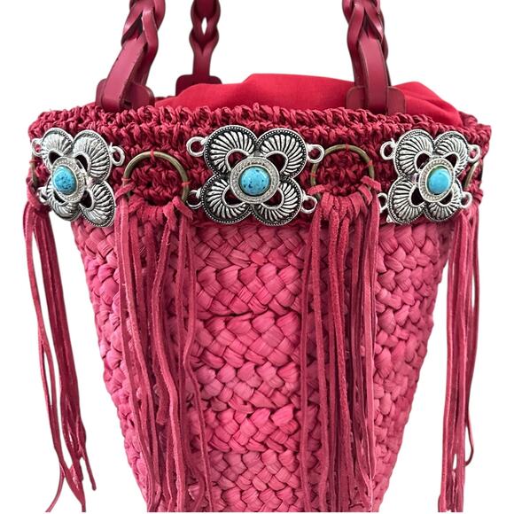 Boho Red Woven Bucket Bag Fringe Western Concho Beaded Shoulder Purse 10x7 - Picture 1 of 12